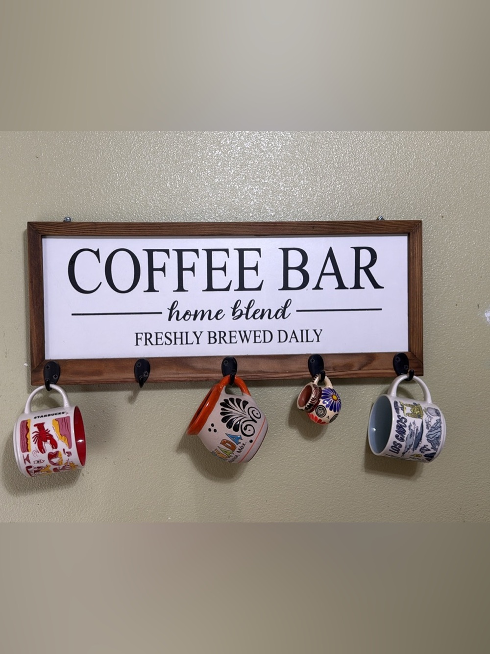Decorative Coffee Bar Wall Sign with Mug Hooks in White and Brown